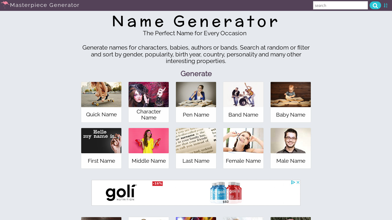 Name Generator by Masterpiece Generator Landing page