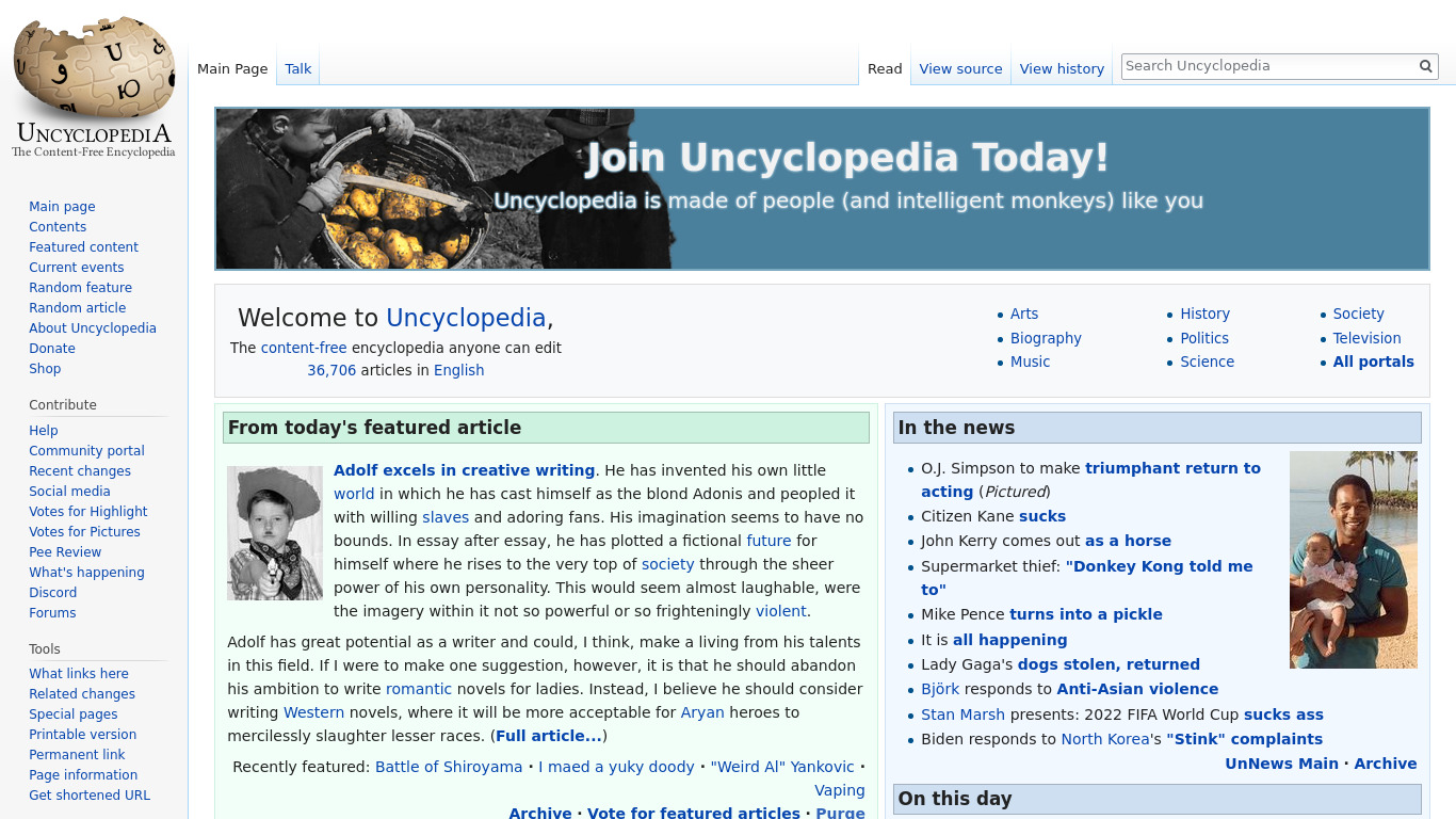 Uncyclopedia.Wikia.com Landing page