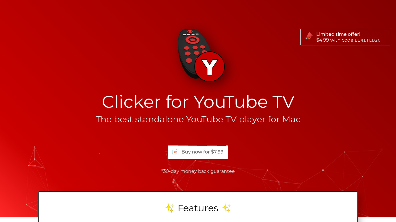 Clicker for YouTube Landing page