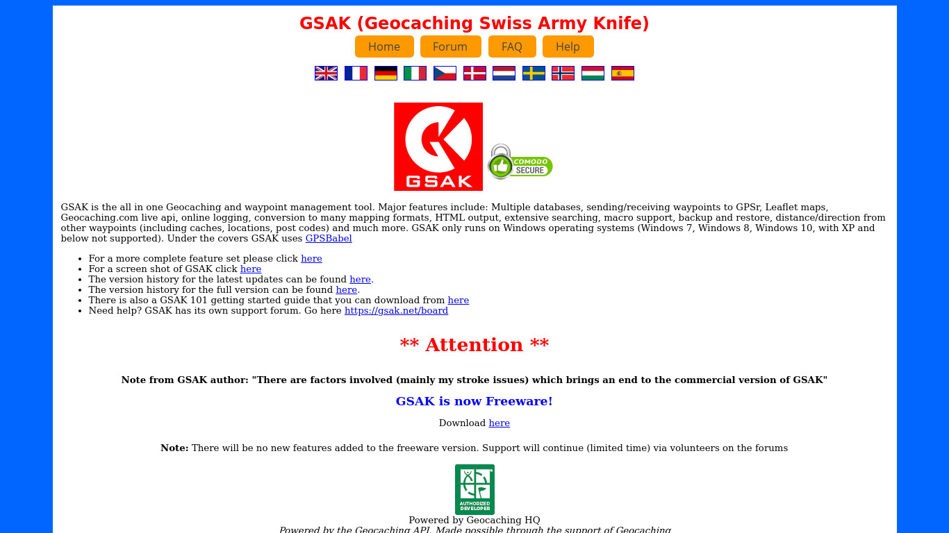 GSAK (Geocaching Swiss Army Knife) Landing page