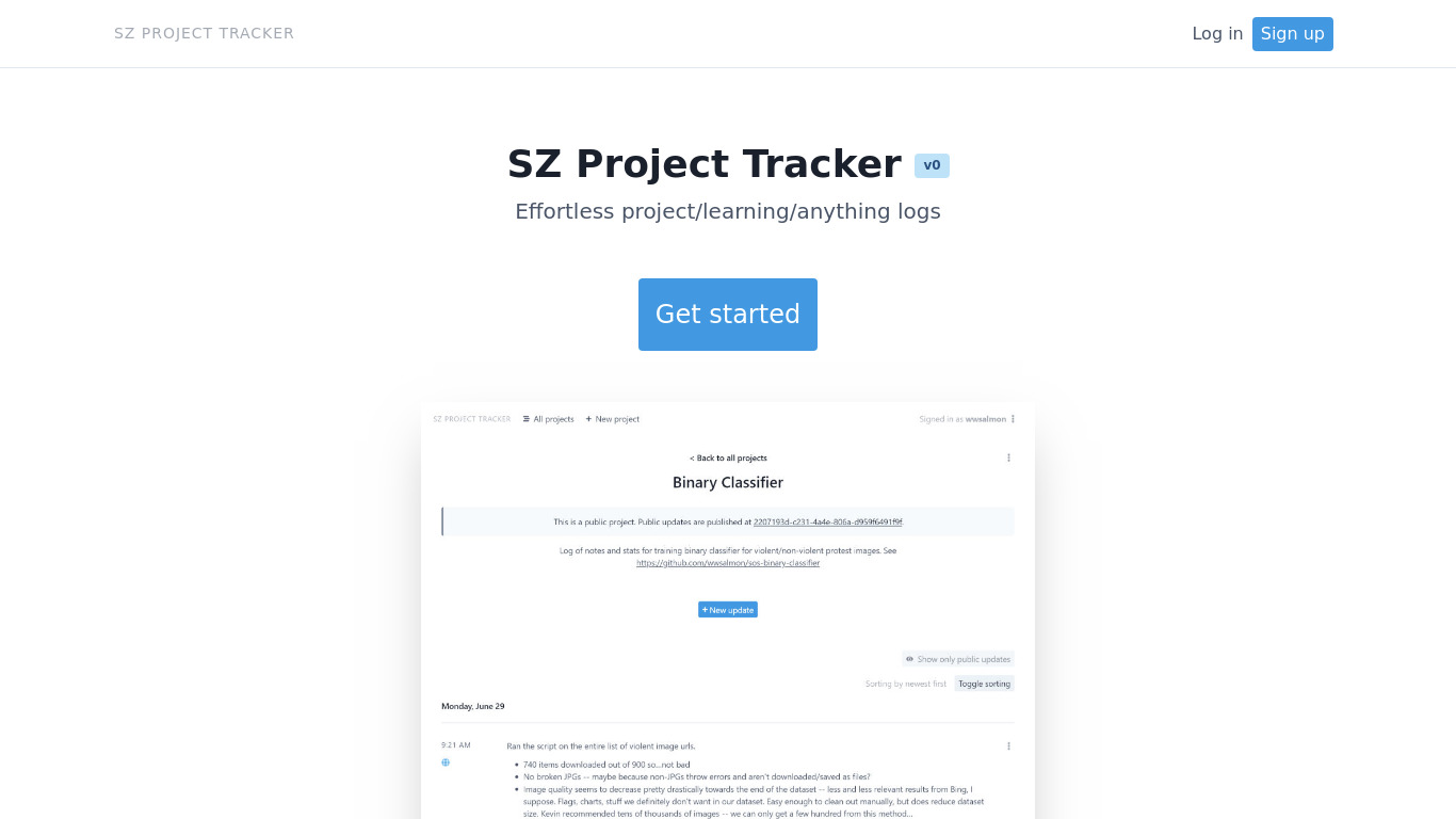 SZ Project Tracker Landing page