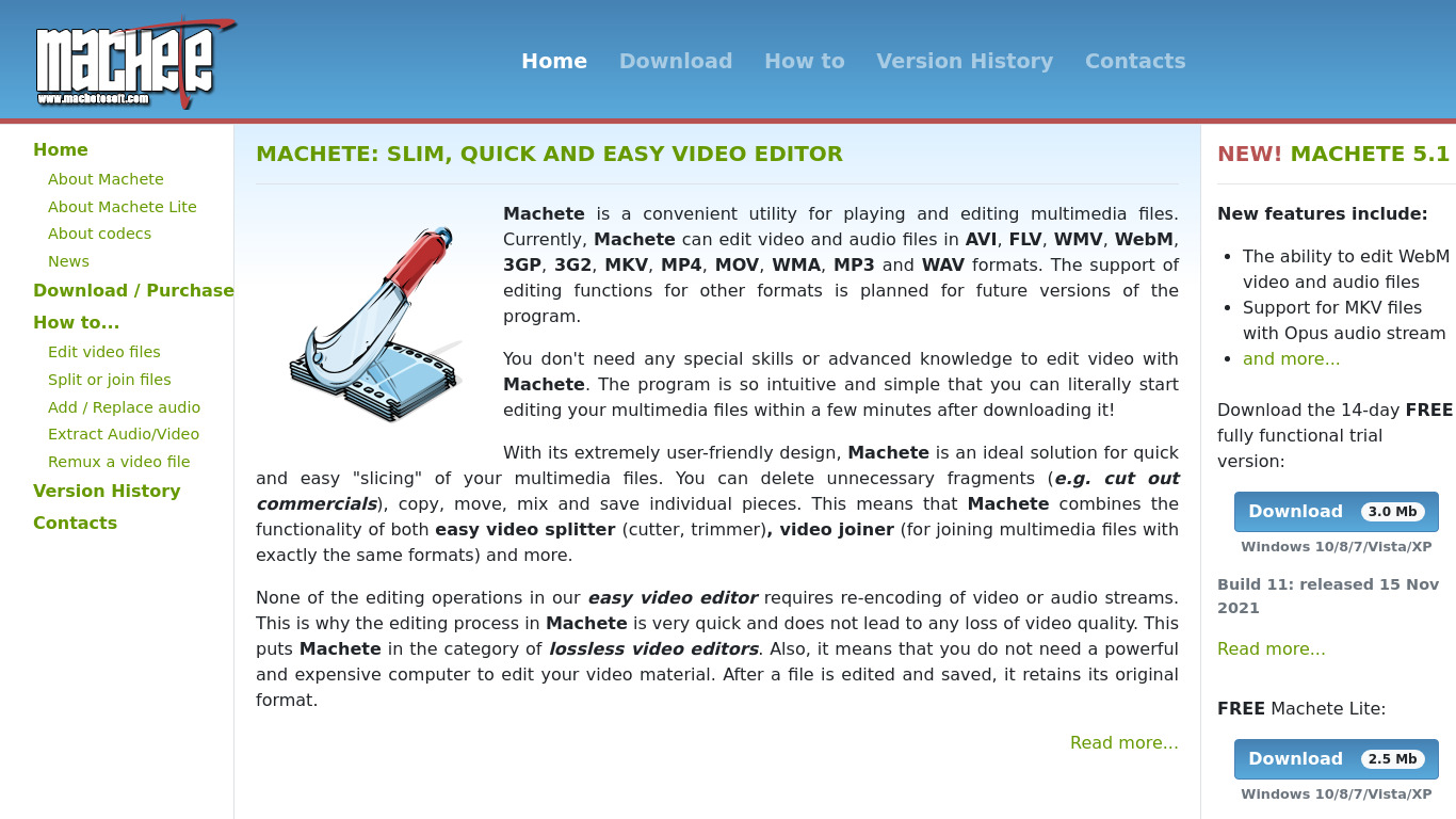 Machete Video Editor Landing page