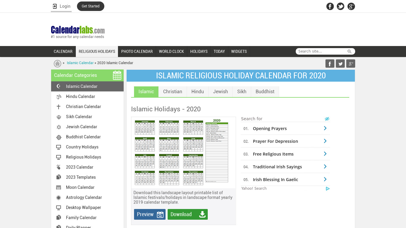 Islamic Calendar 2020 Landing page