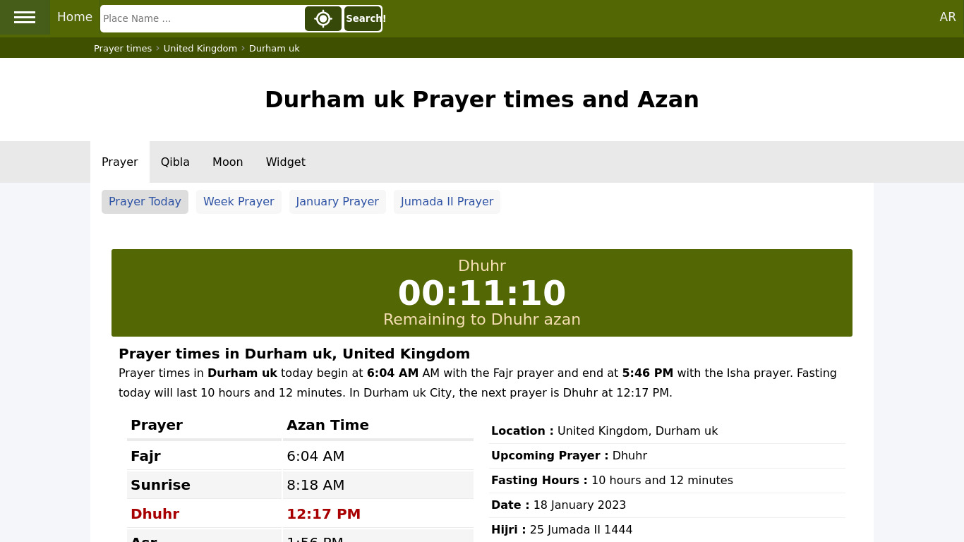Azan Prayer times UK Landing page