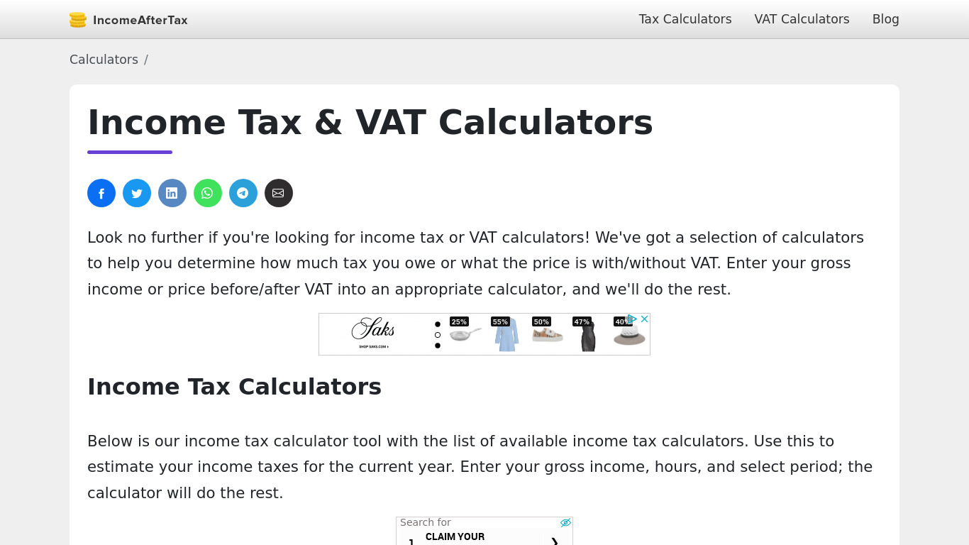 Income After Tax Calculator Landing page