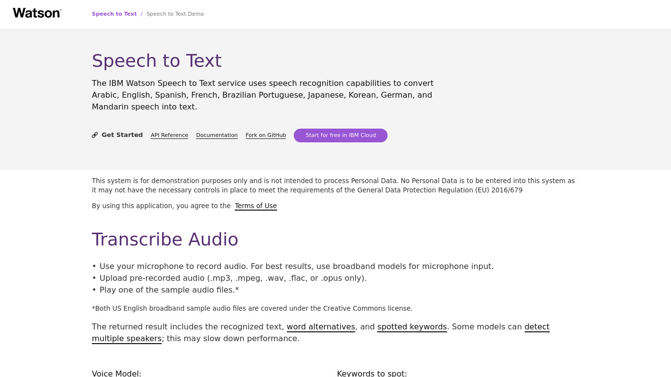 Speech to Text Landing page