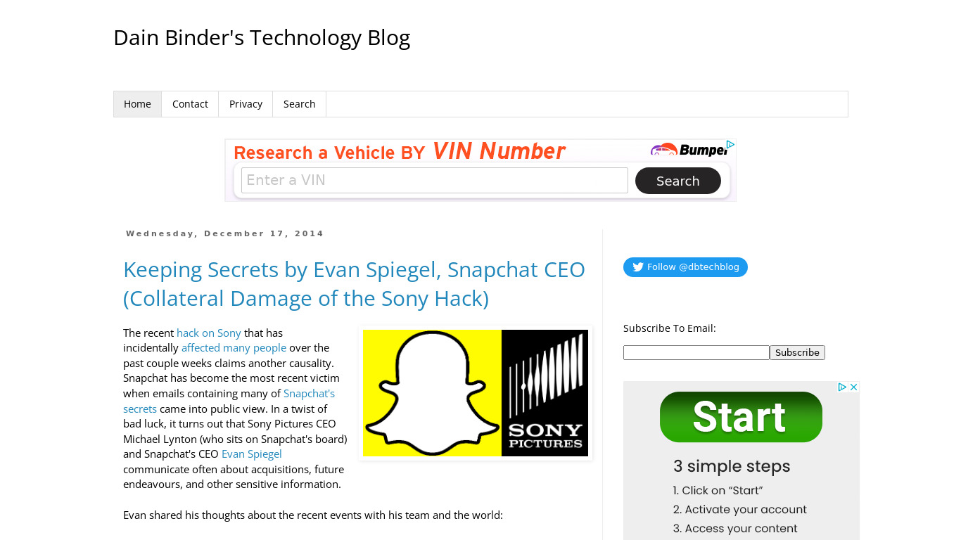 Dain Binder's Technology Blog Landing page
