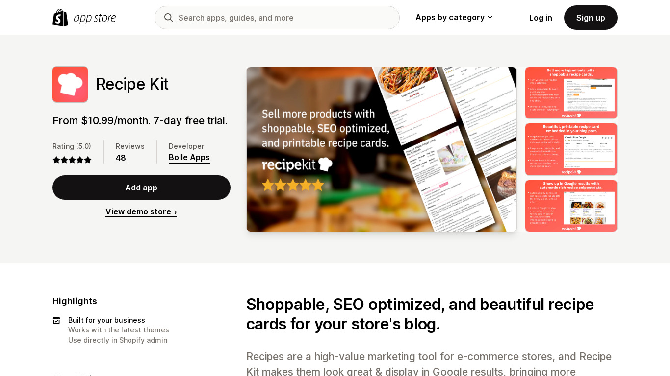 Recipe Kit for Shopify Landing page