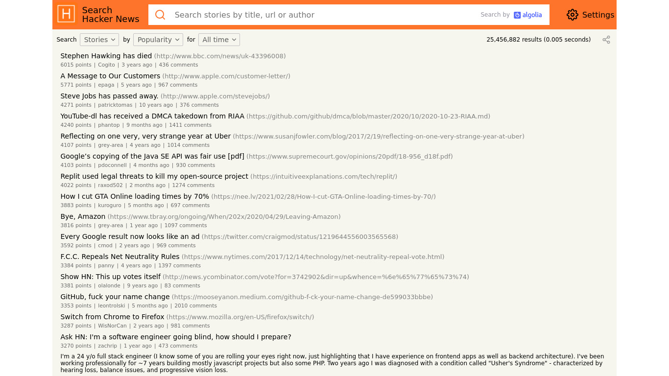 HN Search (Experimental) Landing page