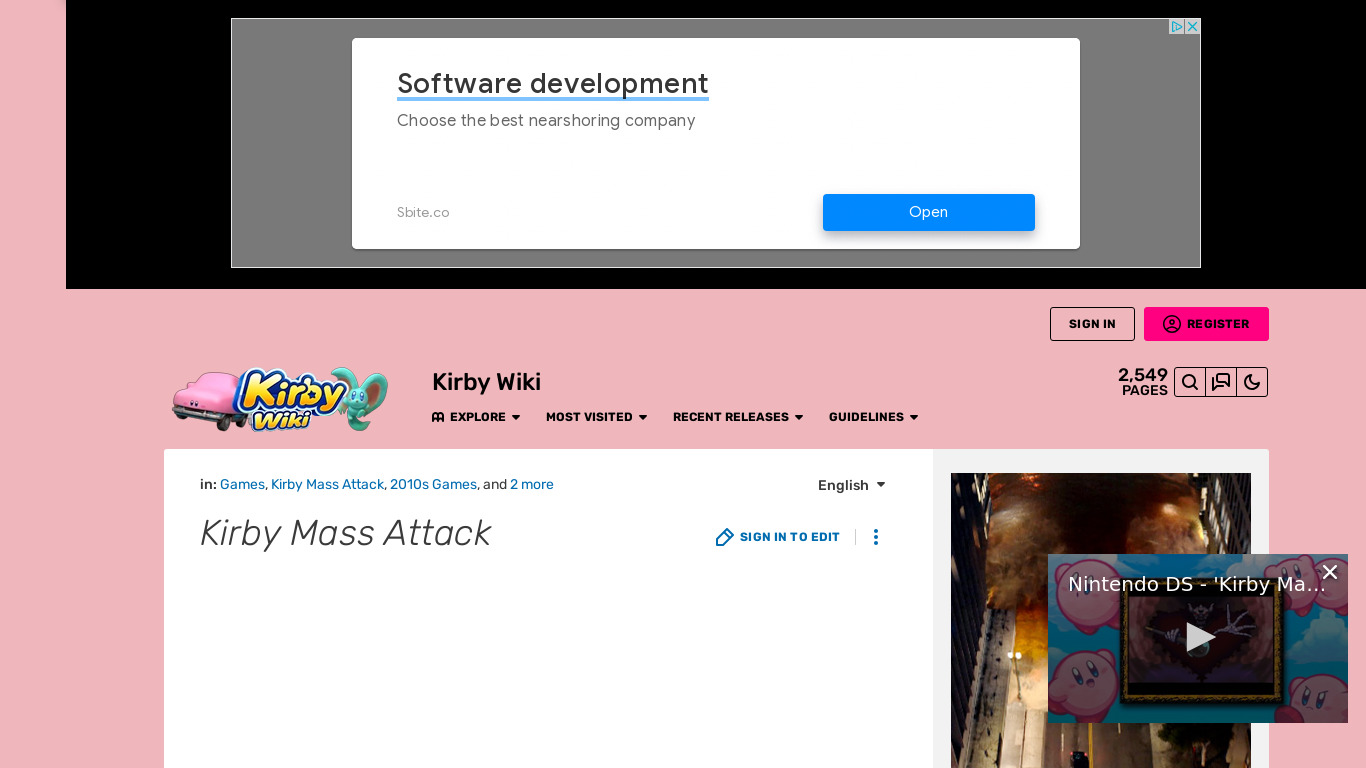 Kirby Mass Attack Landing page