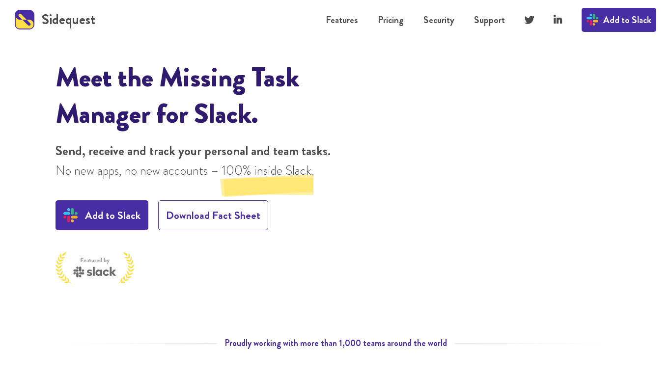 Sidequest for Slack Landing page