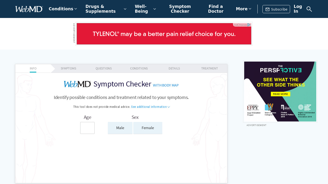 WebMD: Check Your Symptoms Landing page