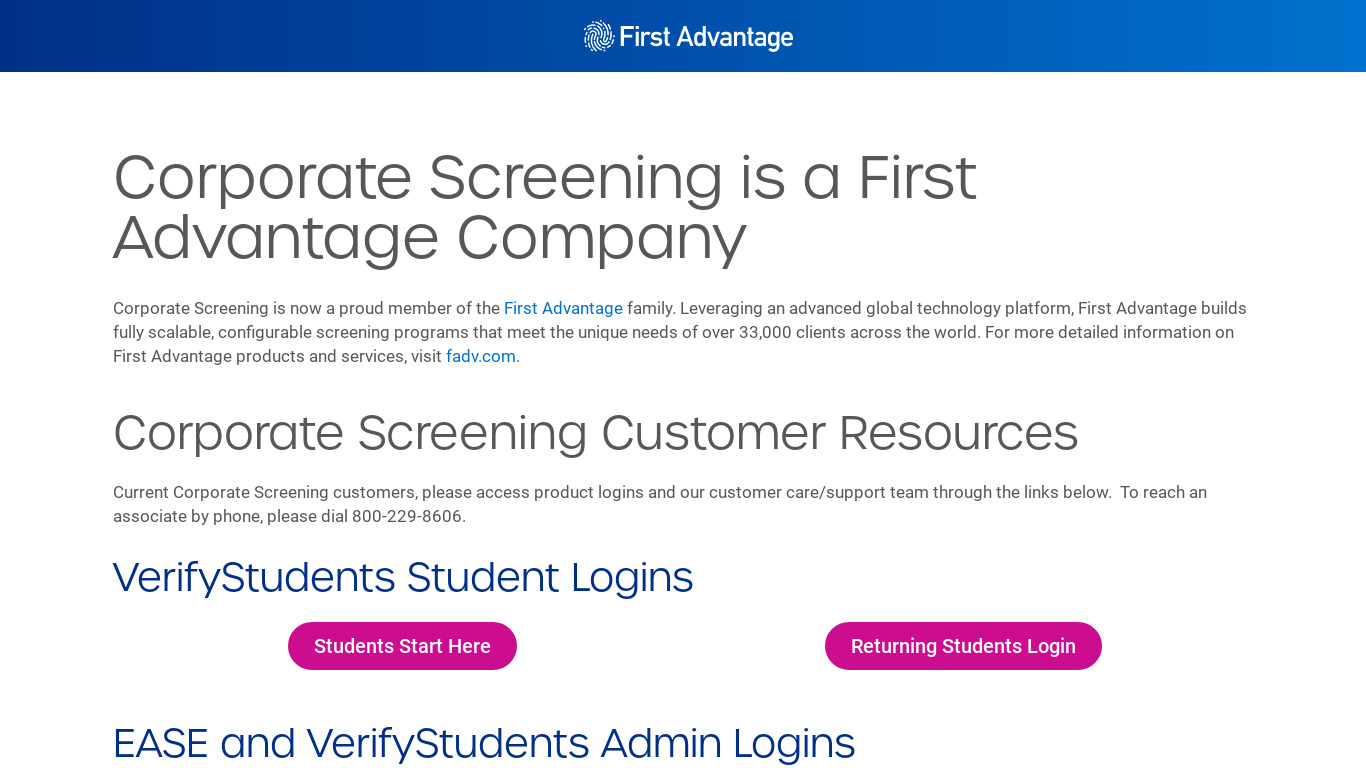 Corporate Screening Landing page