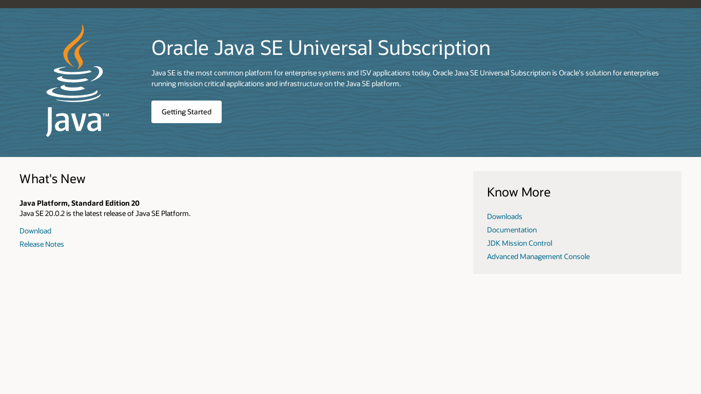 Oracle Java SE Subscription Landing page