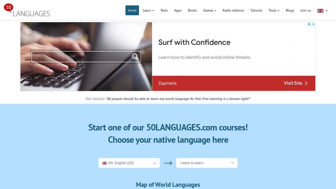 Learn 50 Languages Landing page