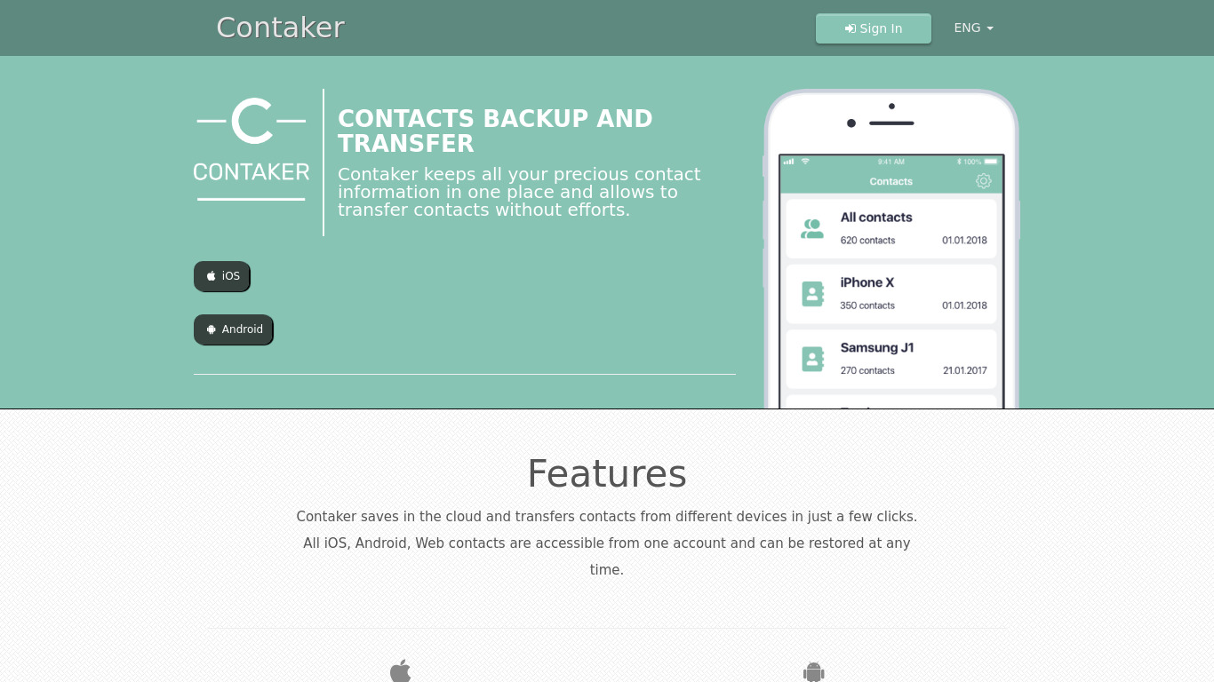 Contaker. Transfer contacts. Landing page