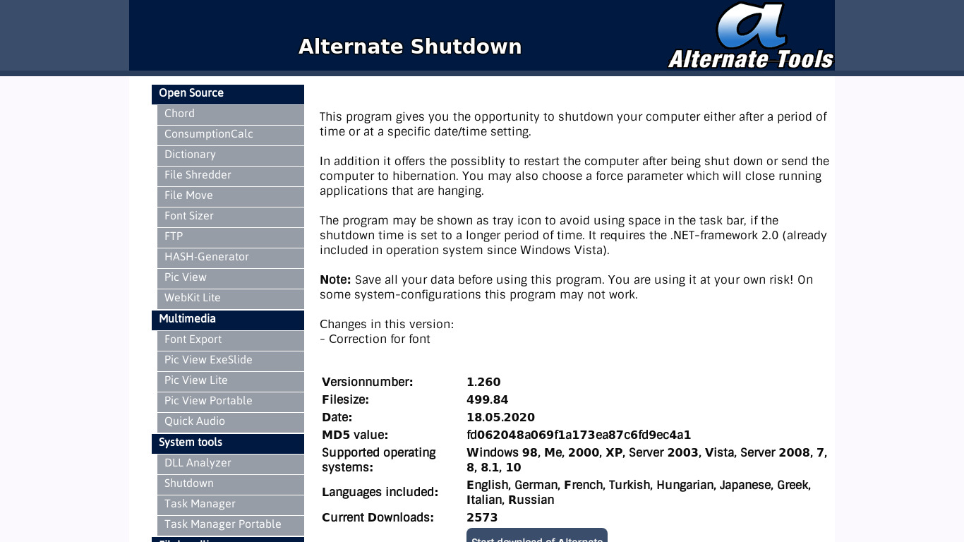 Alternate Shutdown Landing page