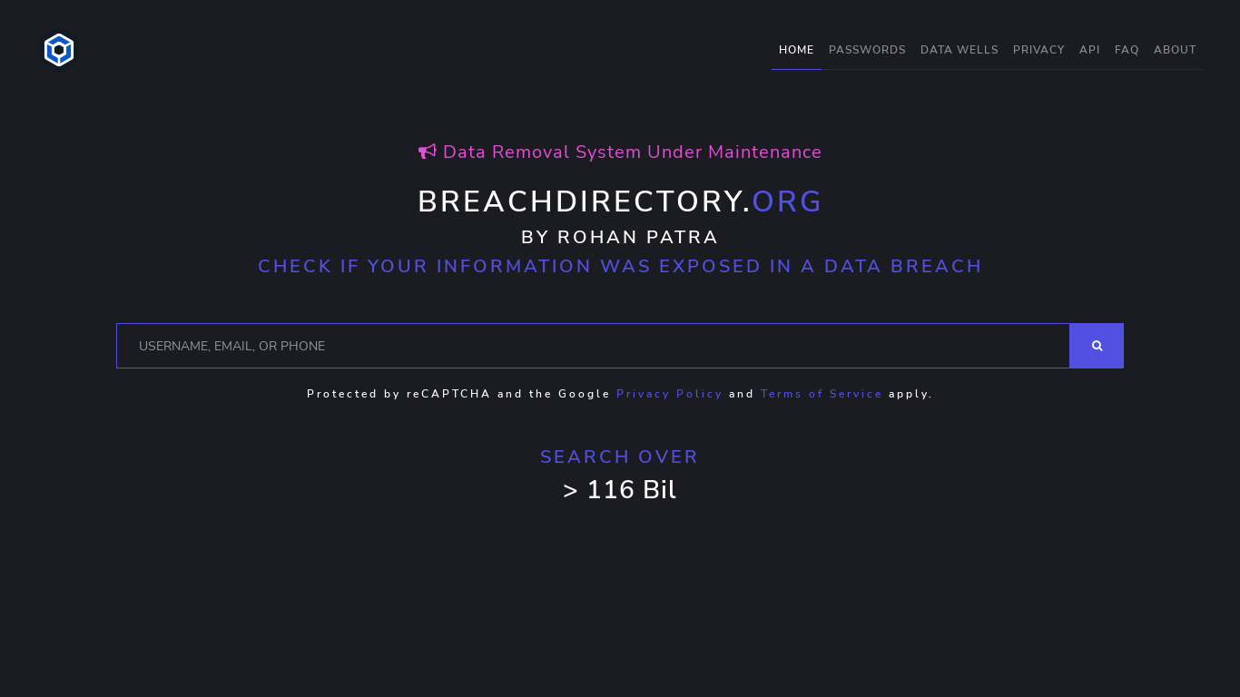 BreachDirectory.org Landing page
