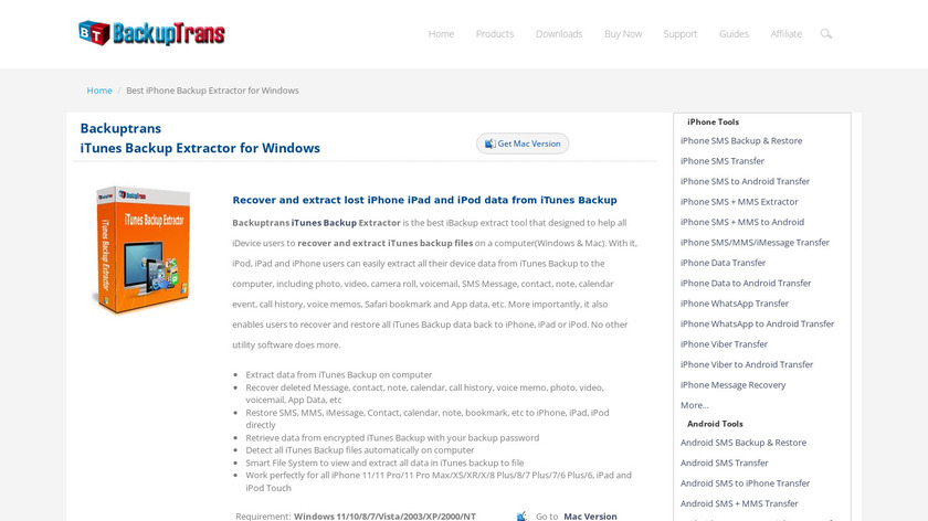 Backuptrans iTunes Backup Extractor Landing Page