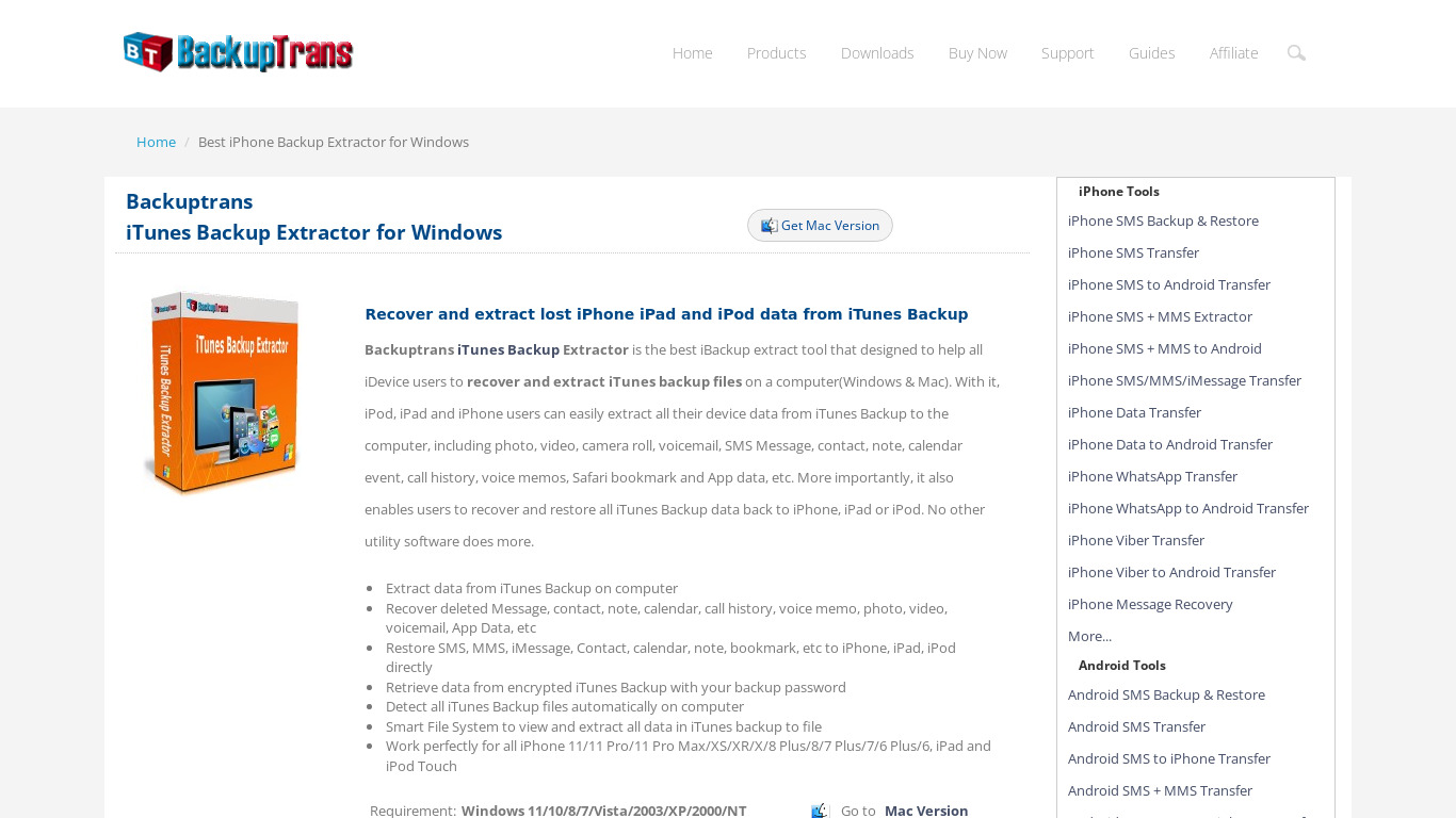 Backuptrans iTunes Backup Extractor Landing page