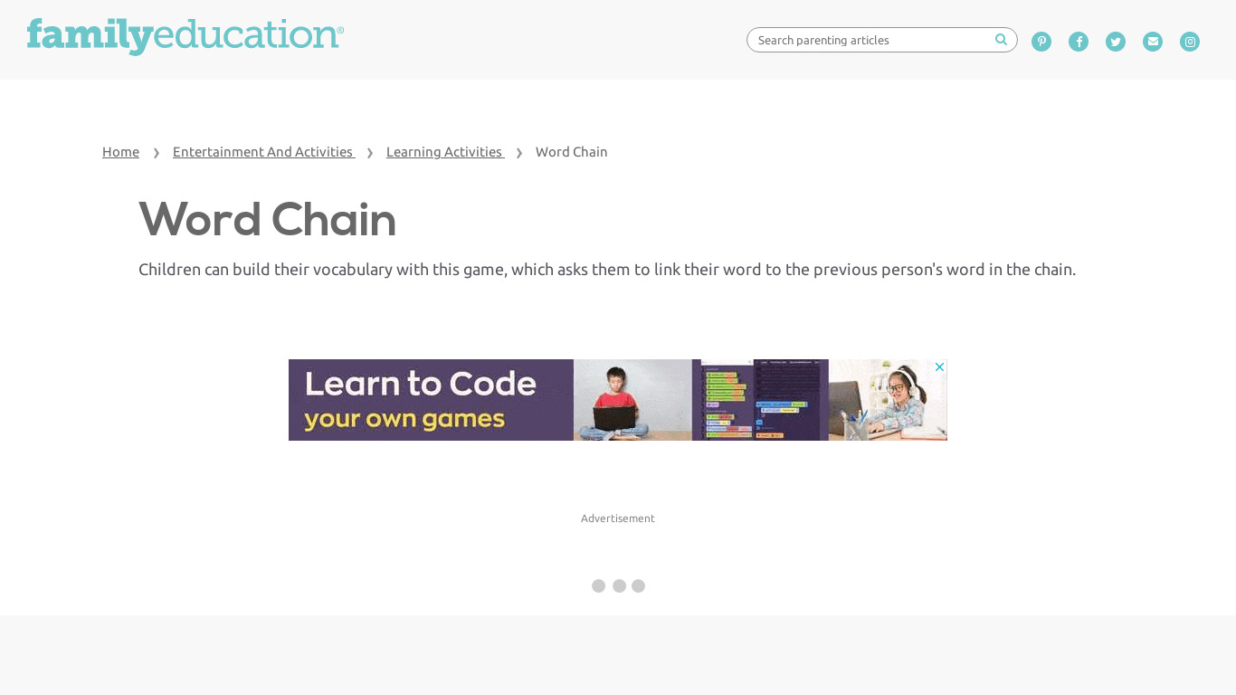 Word Chain Landing page