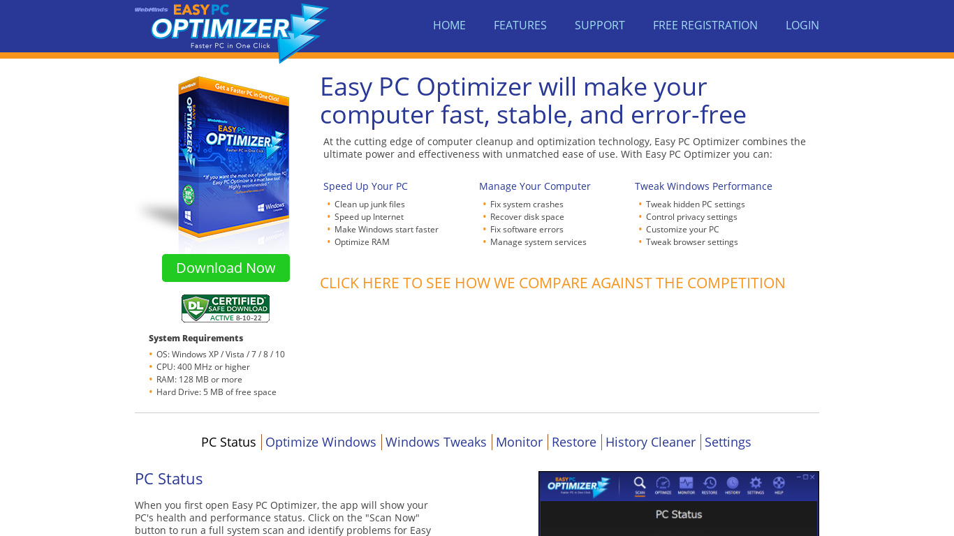 Easy PC Optimizer Landing page