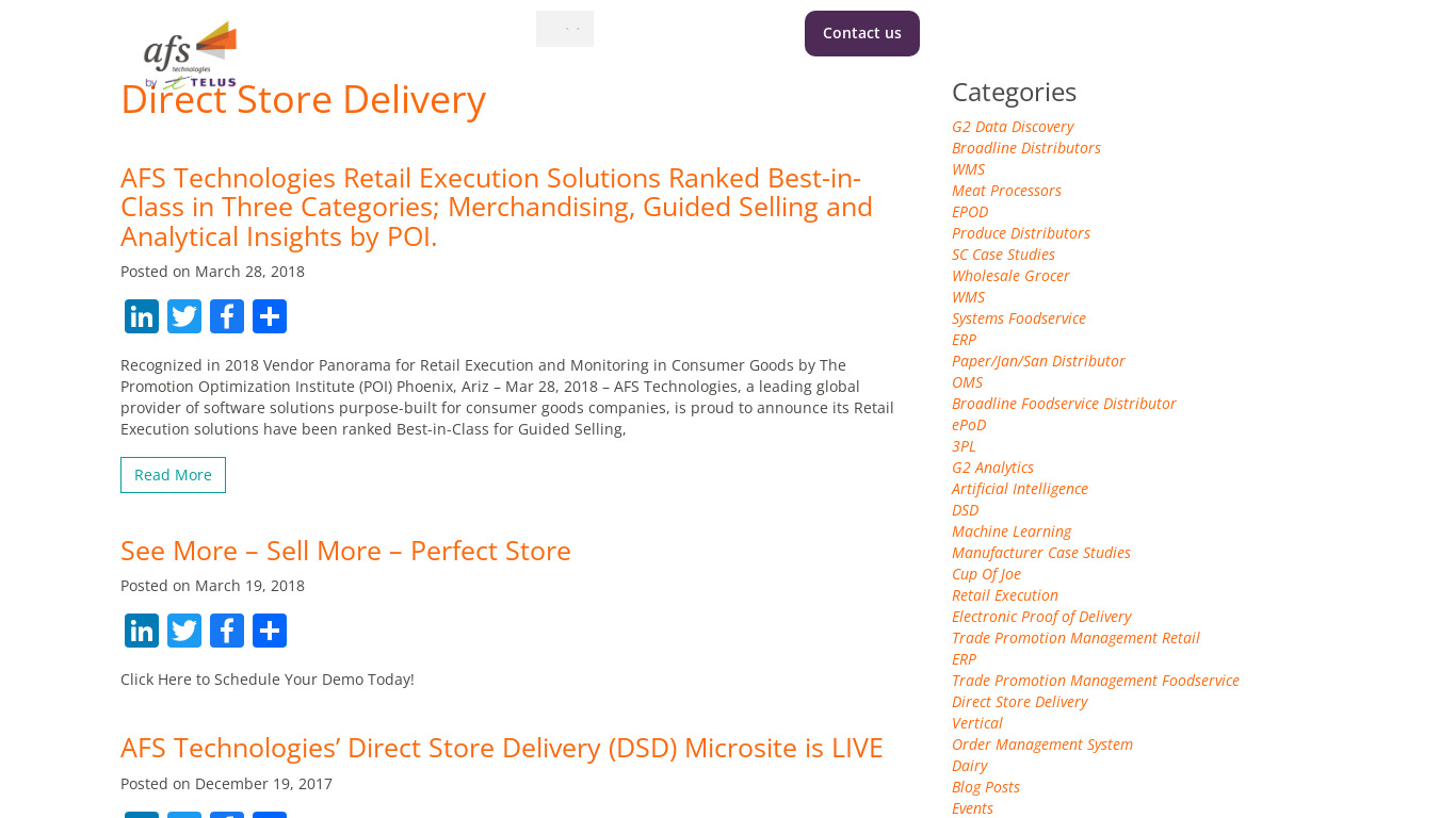 AFS Direct Store Delivery Landing page