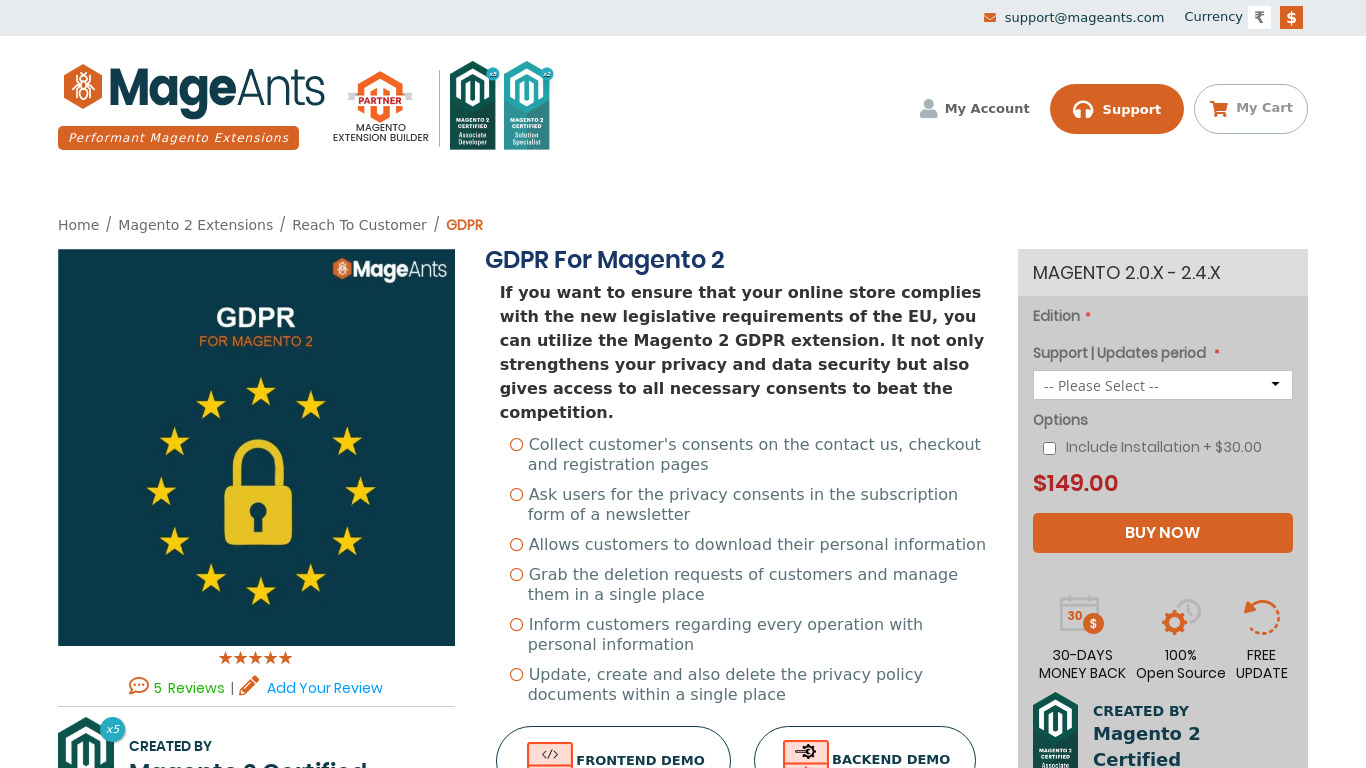 Magento 2 GDPR by MageAnts Landing page