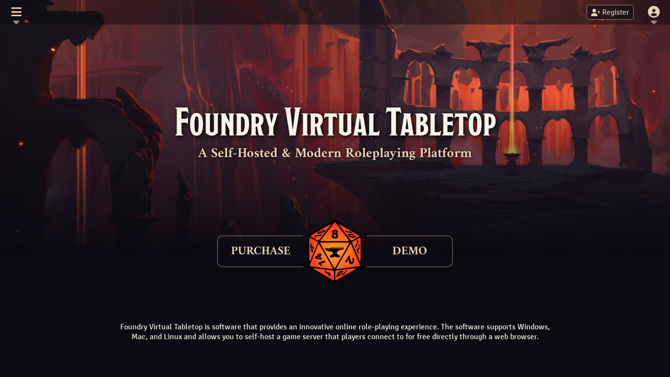 Foundry Virtual Tabletop Landing page