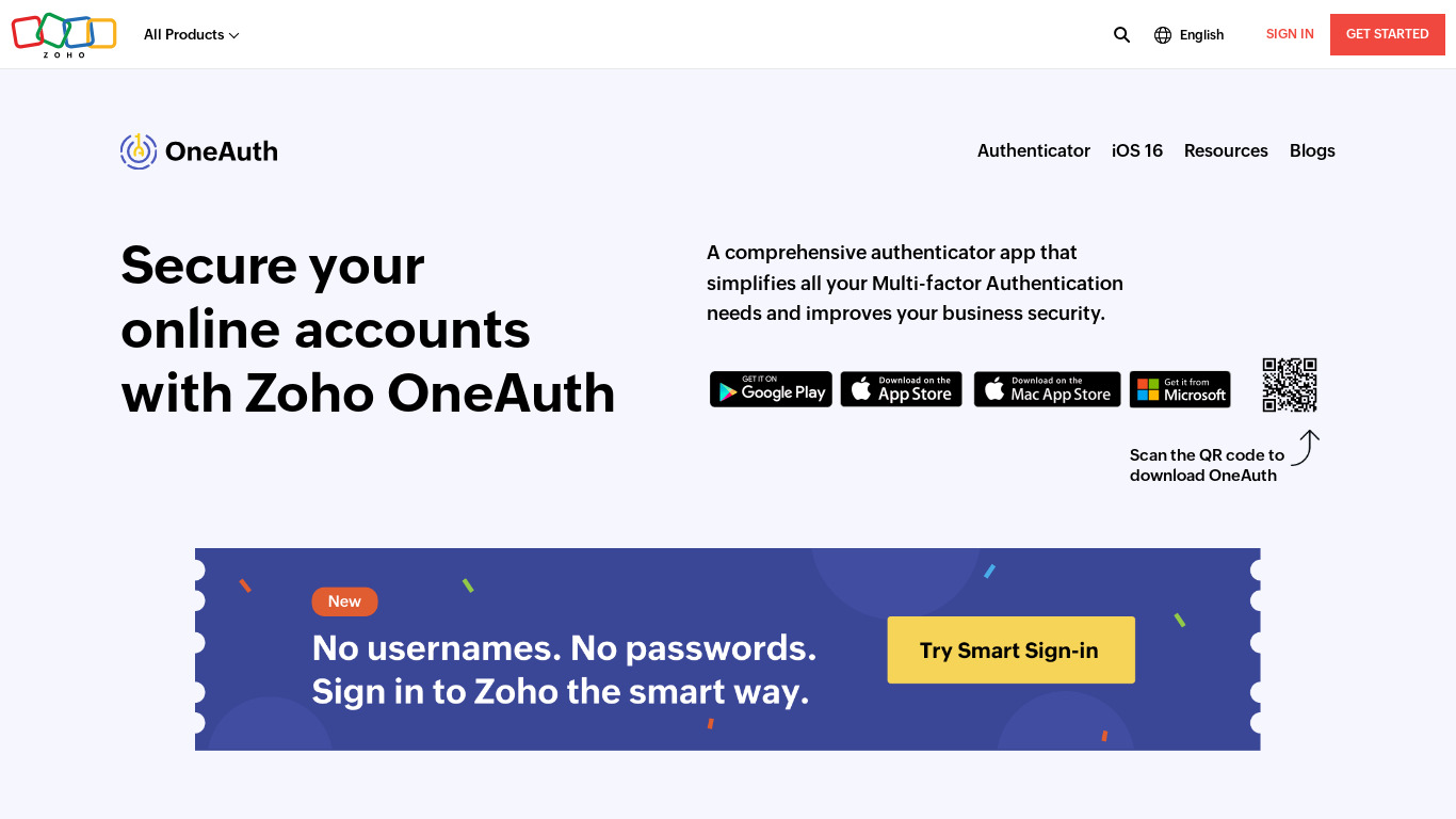 Zoho OneAuth Landing page