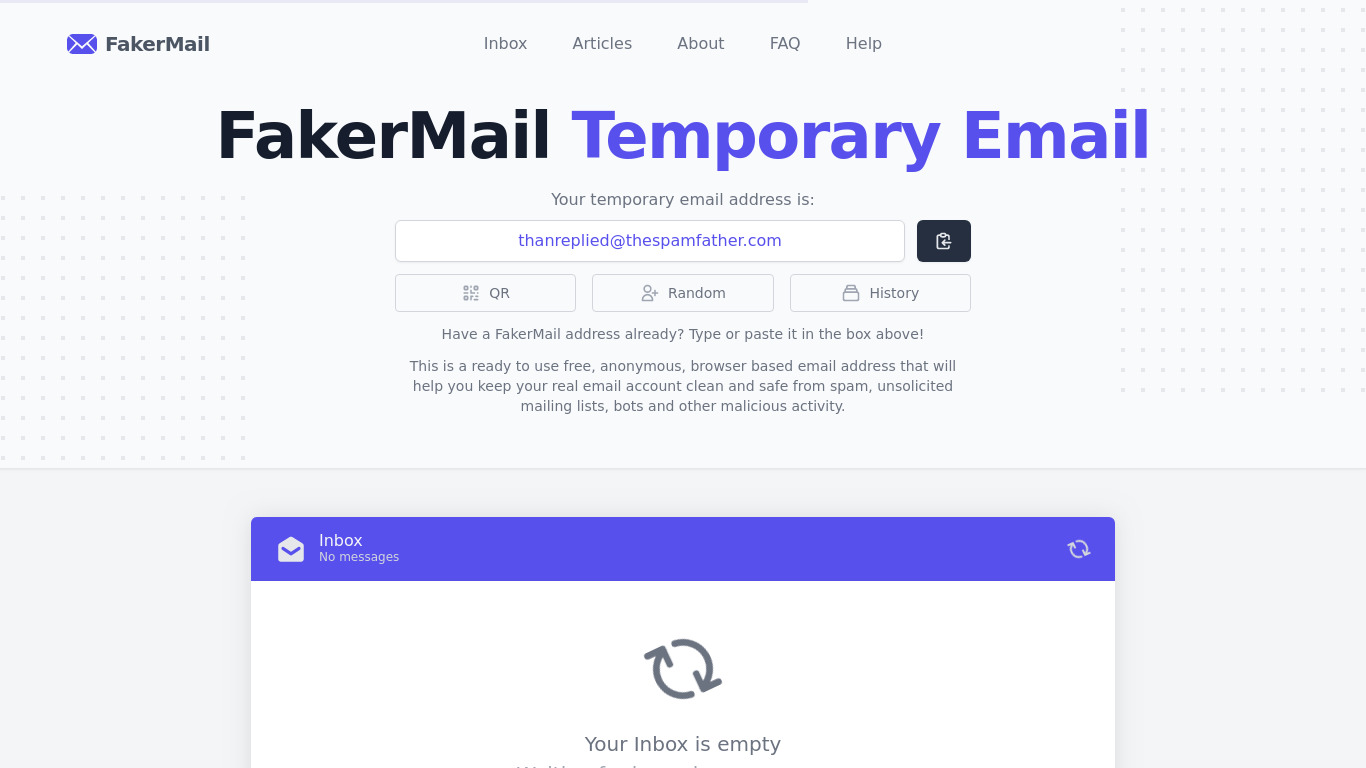 FakerMail Landing page