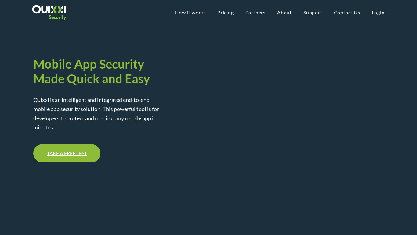 Quixxi Mobile App Security Landing page