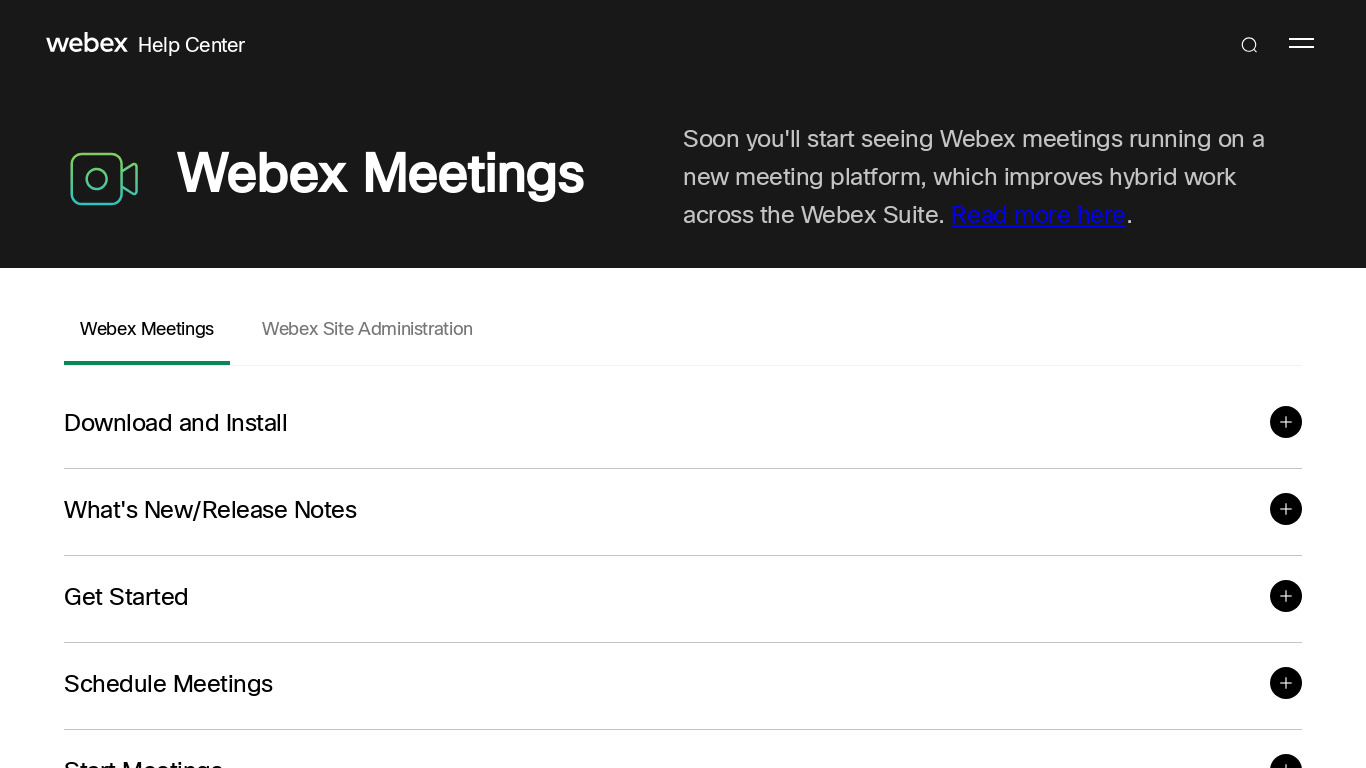 Webex Meetings Landing page