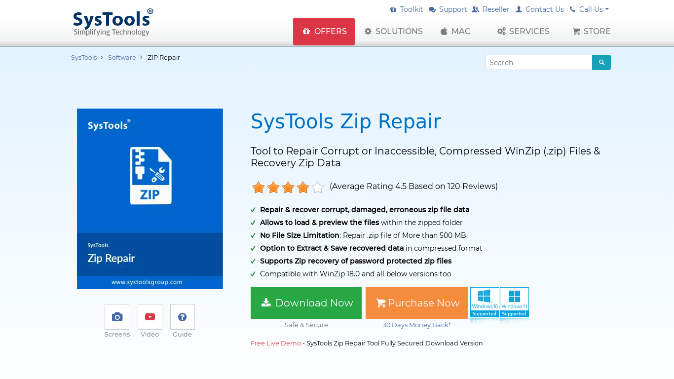 SysTools Zip Repair Landing page