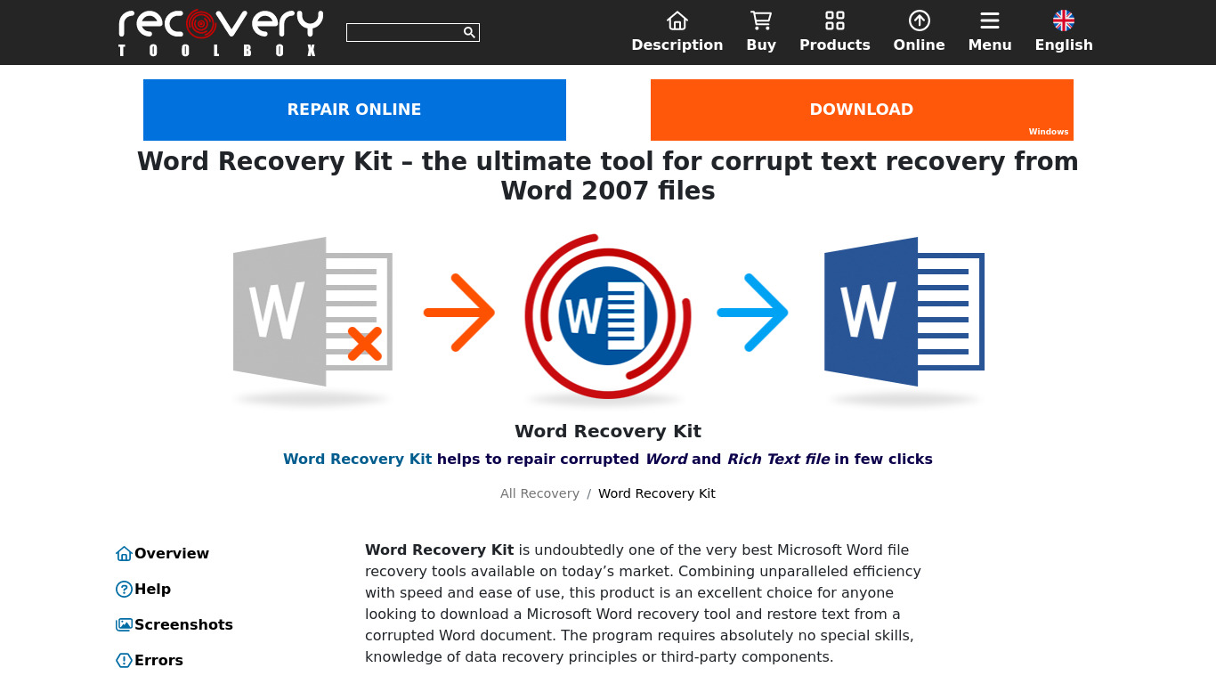 Recovery Toolbox for Word Landing page