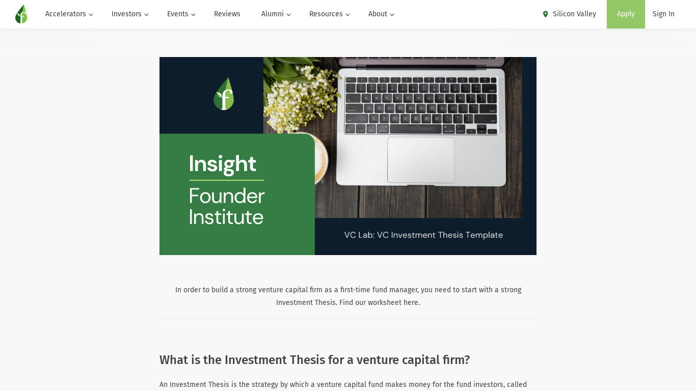 VC Firm Investment Thesis Worksheet Landing page