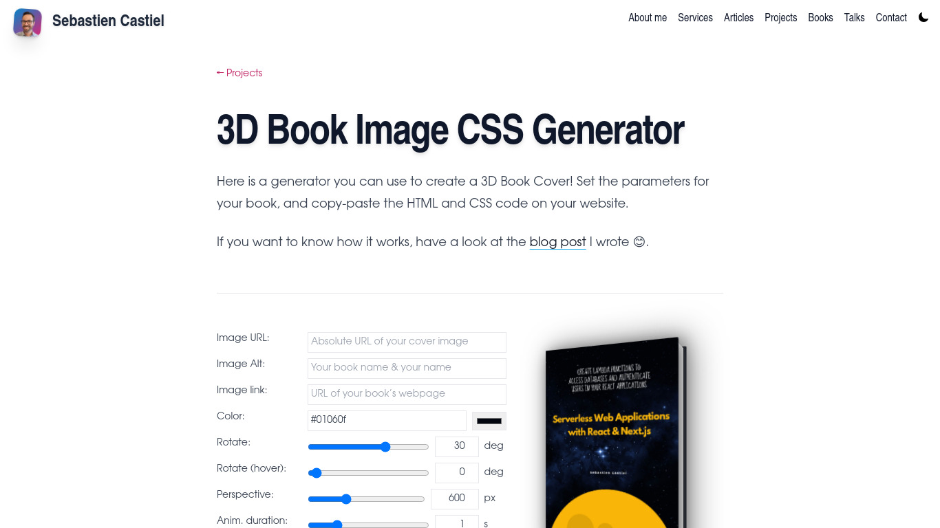 3D Book Image CSS Generator Landing page