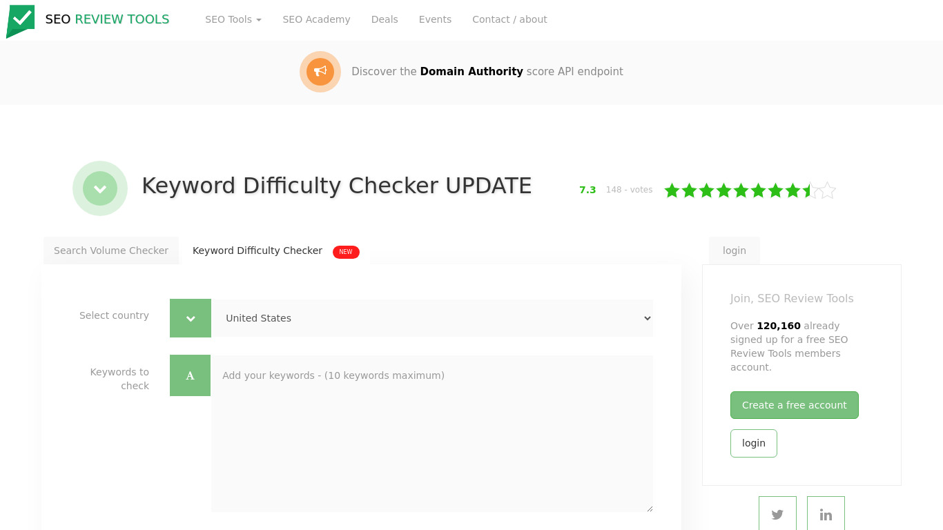 SeoReviewTools Keyword Difficulty Checker Landing page