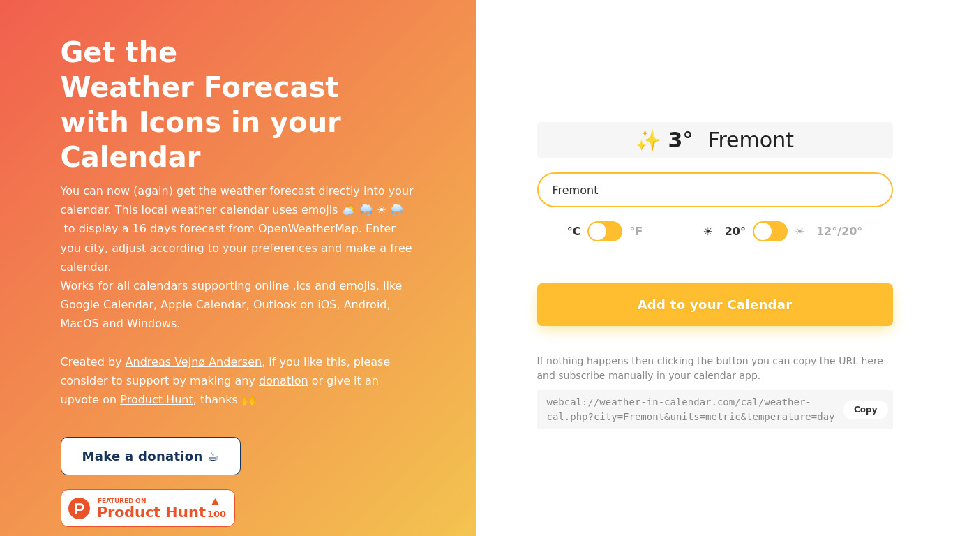 Weather in your Calendar Landing page
