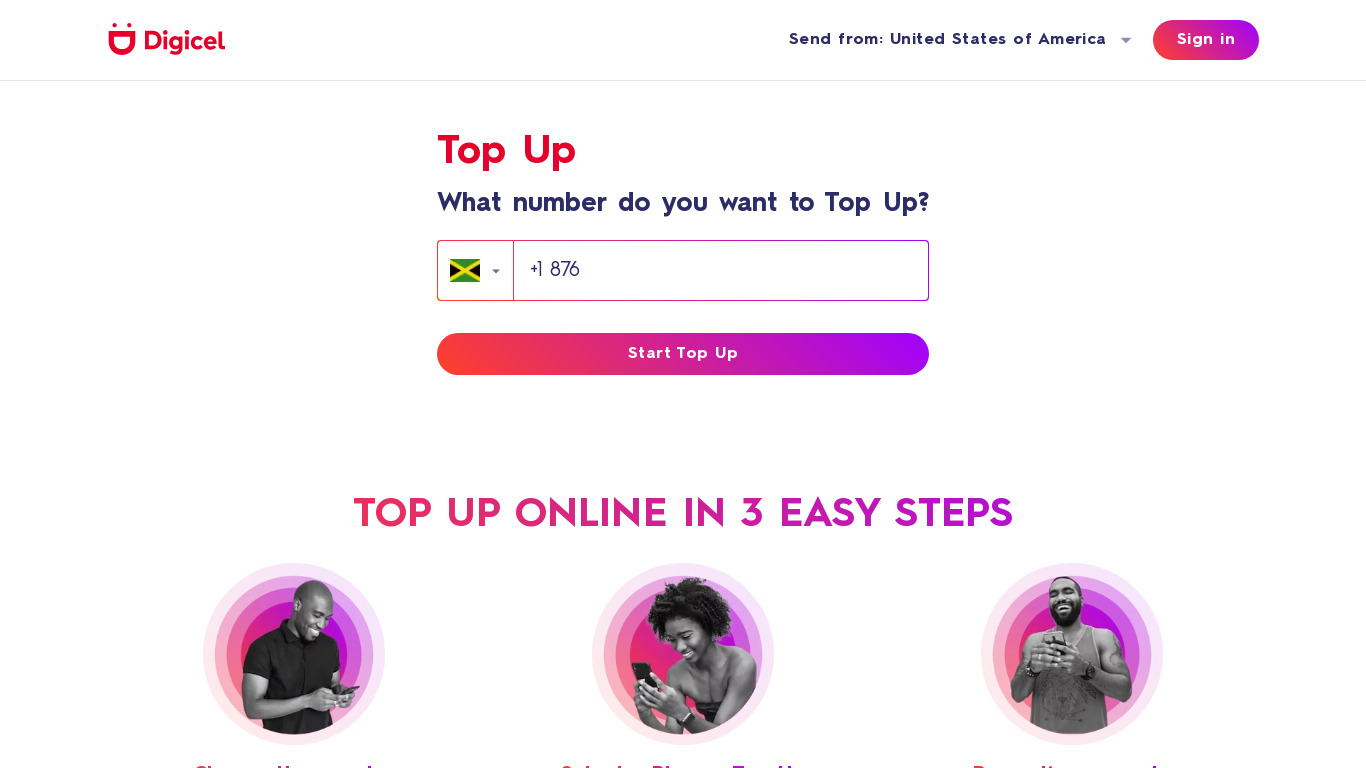 Digicel Online Top Up Landing page