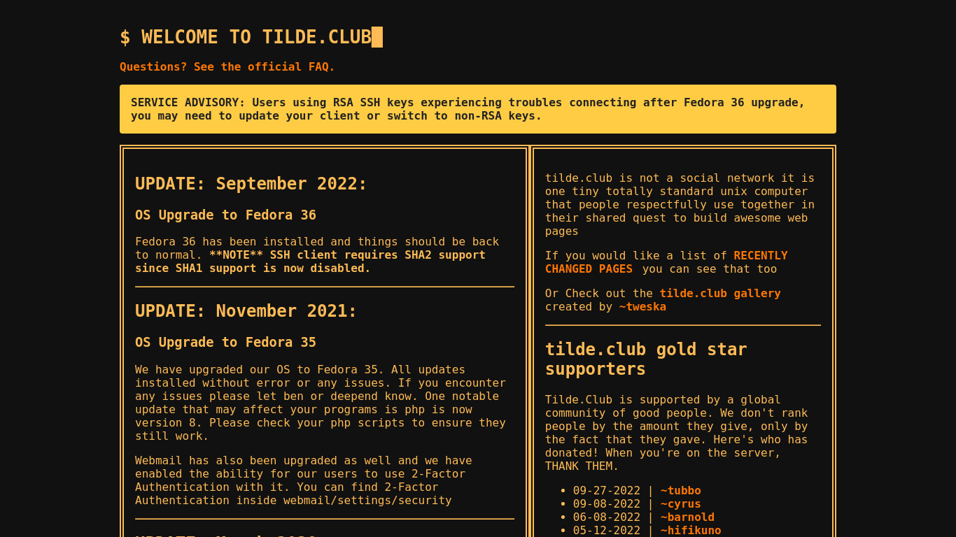 tilde.club Landing page