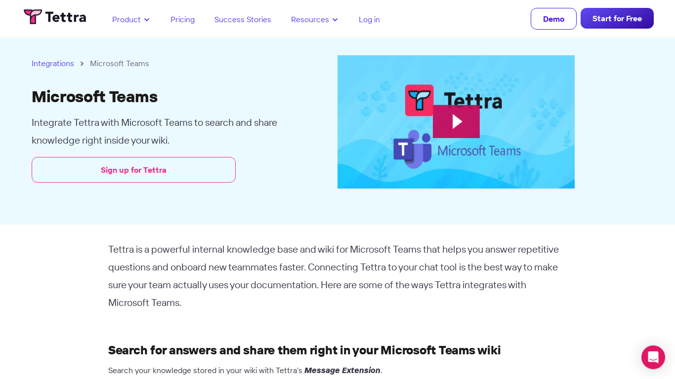 Tettra for Microsoft Teams Landing page