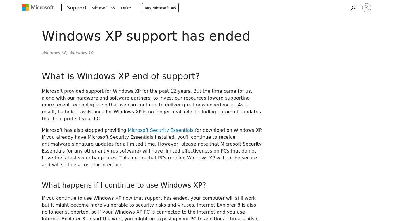 Windows XP Landing page