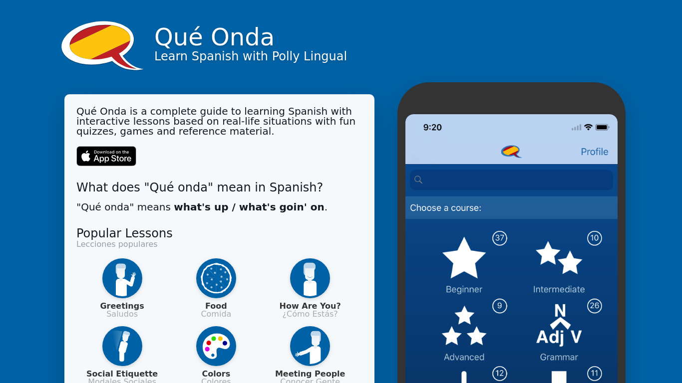Learn Spanish - Qué Onda Landing page