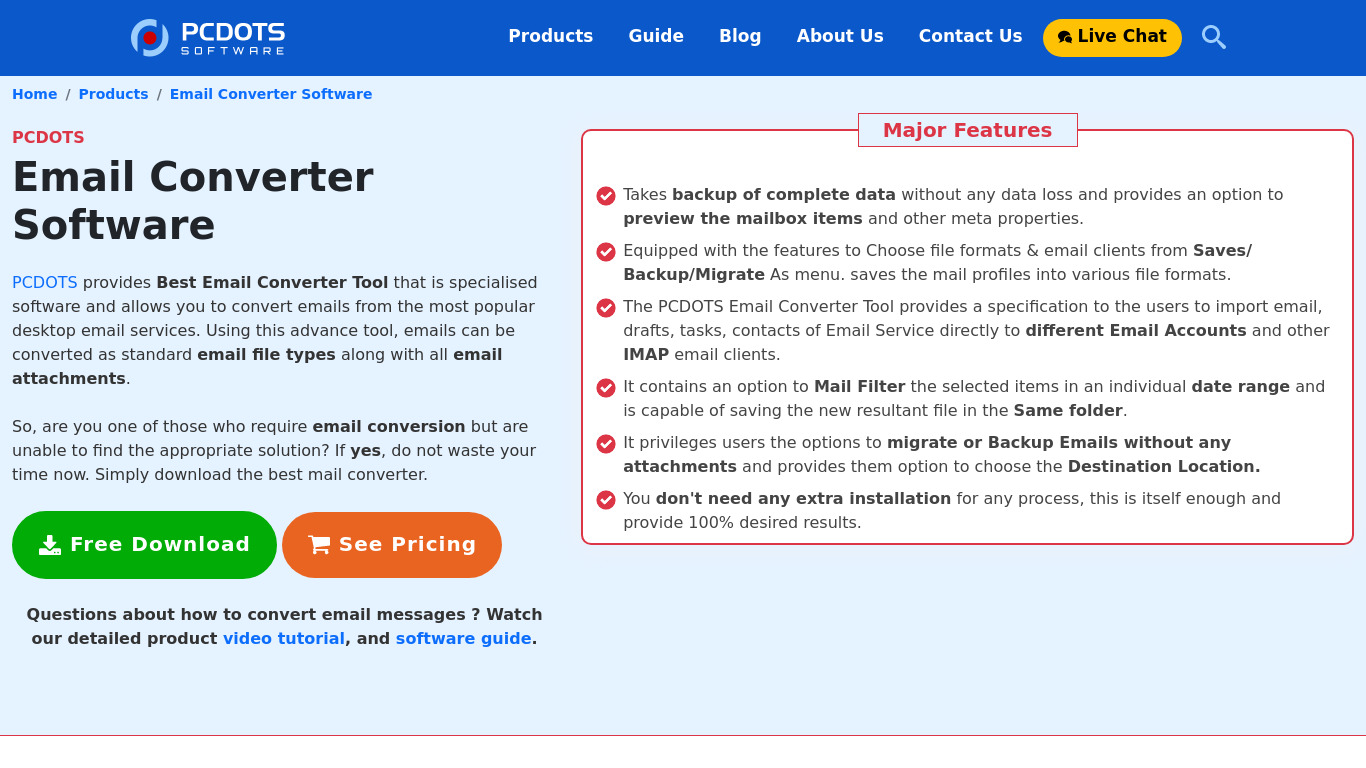 PCDOTS Email Converter Landing page