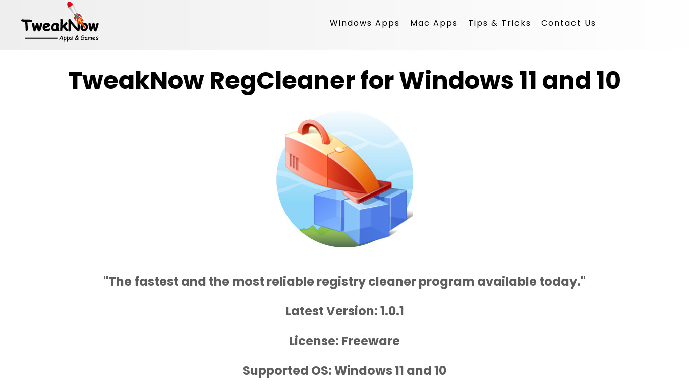 TweakNow RegCleaner Landing page