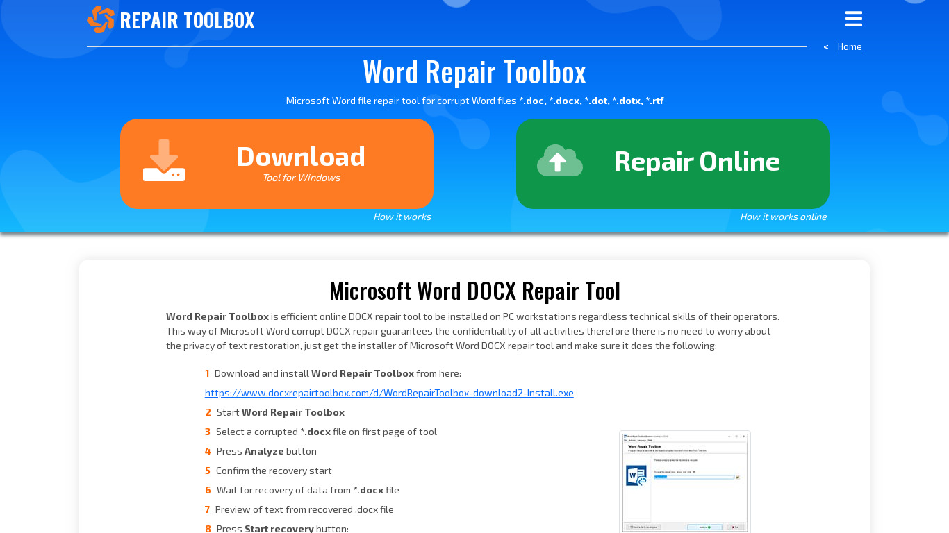 Word Repair Toolbox Landing page