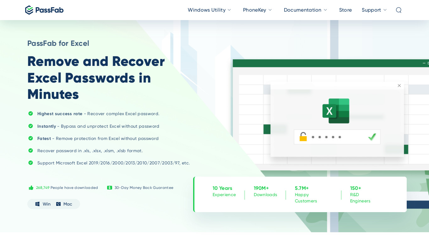 PassFab for Excel Landing page