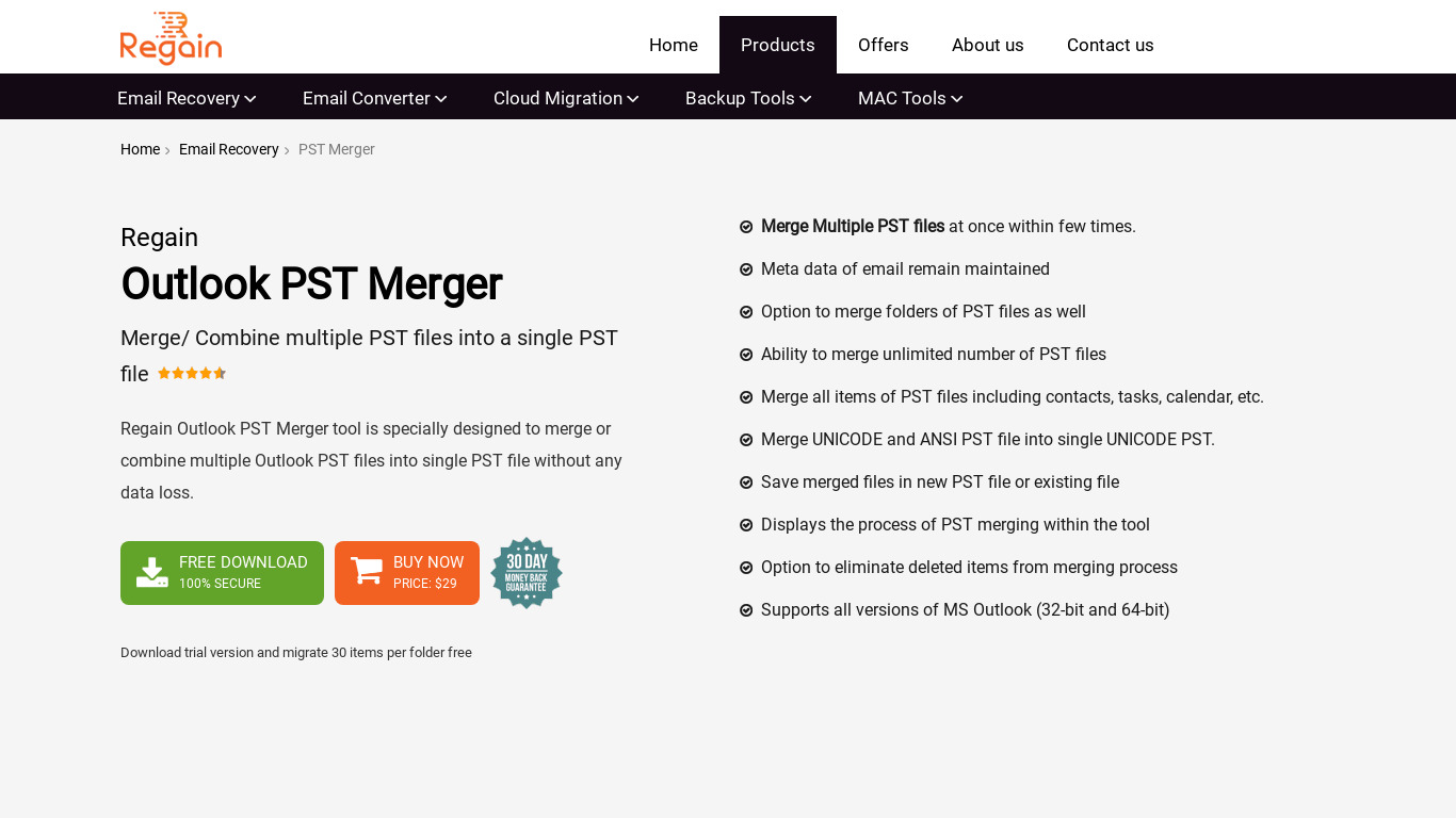 Regain Outlook PST Merger Landing page