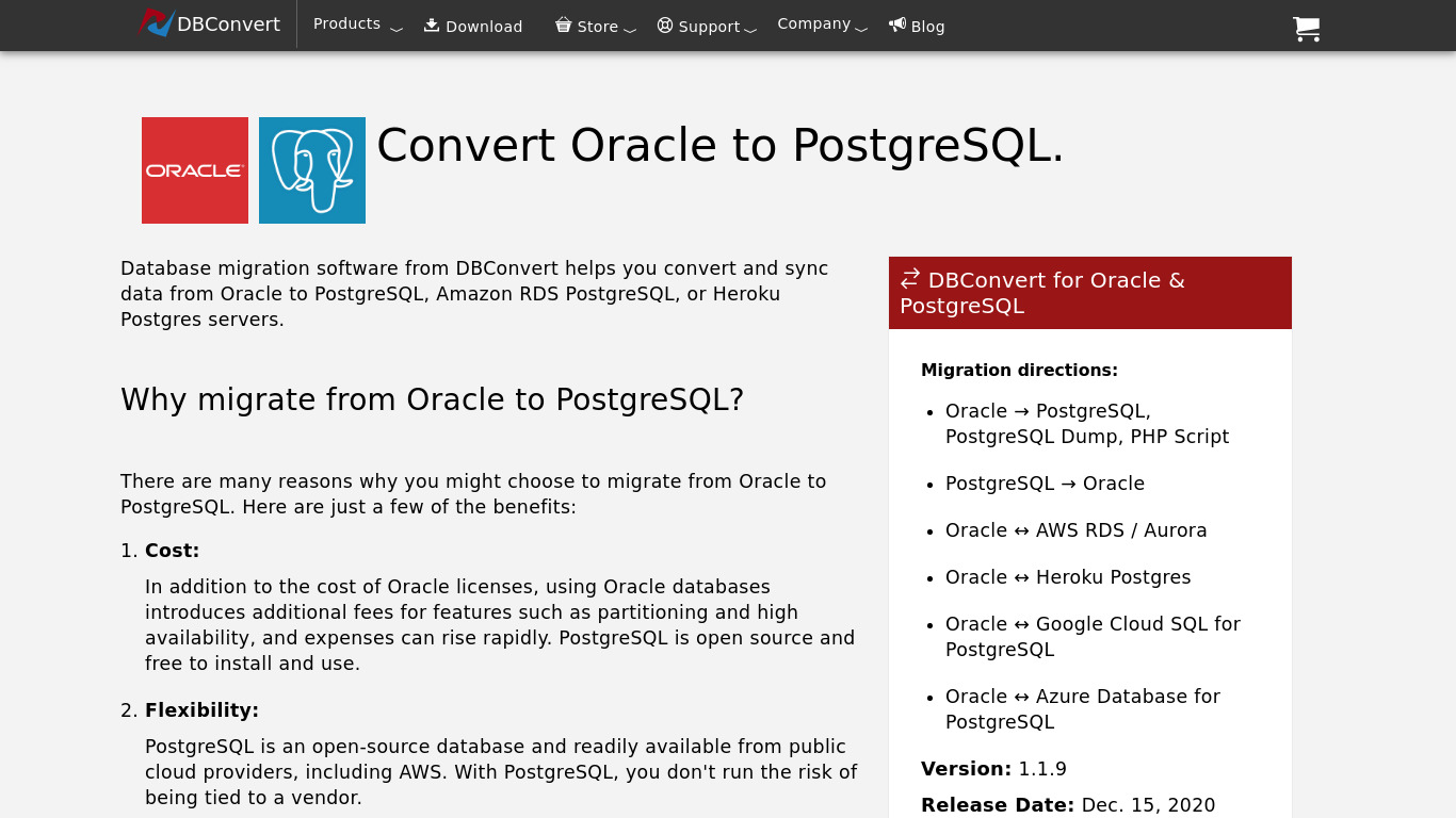 DBConvert for Oracle & PostgreSQL Landing page